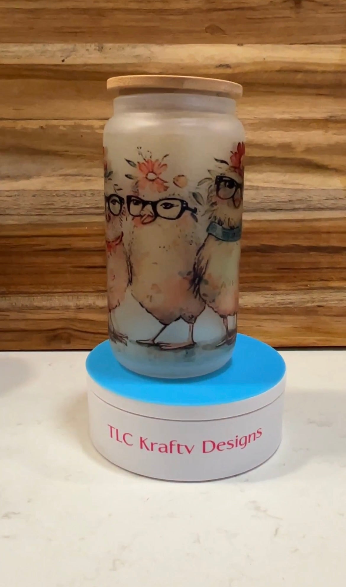 Collection of chickens, each standing proudly 16oz sublimation frosted cup with a bamboo lid