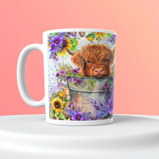 Highland cow in a bucket with purple and yellow flowers customized 15oz. Coffee Mug Cup