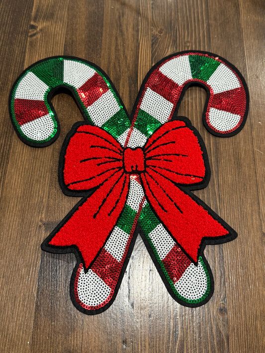 Candy Cane Patch with Red Bow – Holiday Sequin Extra Large Iron-On Accent (Approx. 10”)