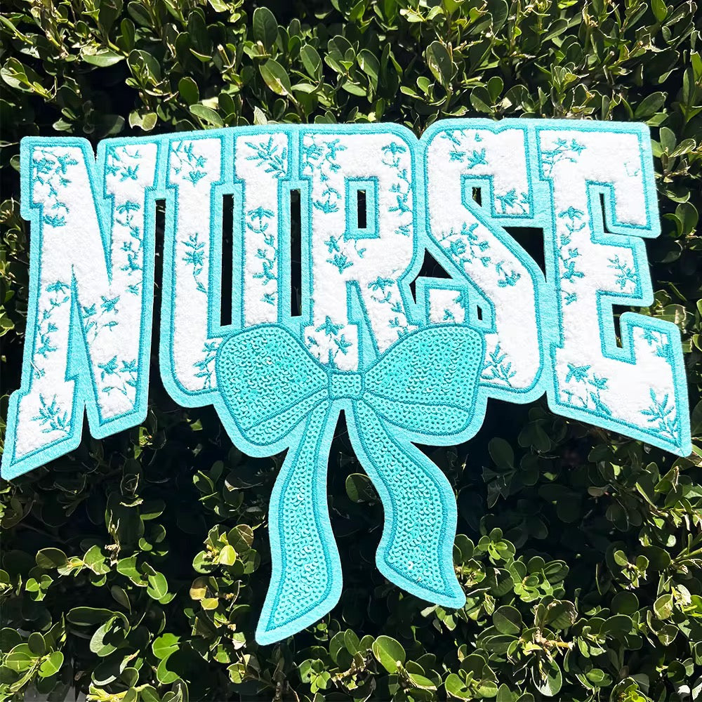 XL Nurse Chenille Patch With Sequin Bow Teal – Healthcare Iron-On / Sew-On Appliqué CK