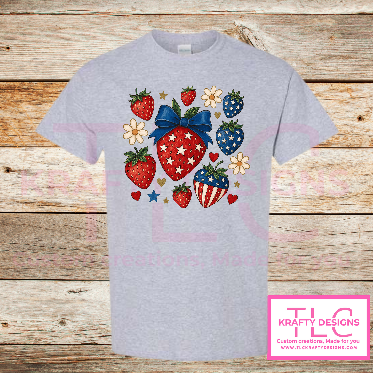 Patriotic Strawberry Tee – Red, White & Blue Summer Style