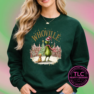 Whoville Green Man design on a forest green crewneck sweatshirt