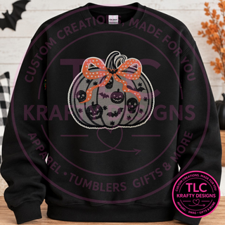 Halloween Pumpkin Bow Patch Sweatshirt – Spooky Fall Crewneck or Hoodie
