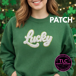 Lucky Chenille Patch Shirt or Sweatshirt – St. Patrick’s Day Apparel with XL Varsity-Style Patch