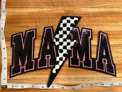 Mama Chenille Patch with Lightning Bolt – Iron On or Sew On Embroidered Patch, Pink or Blue Accent