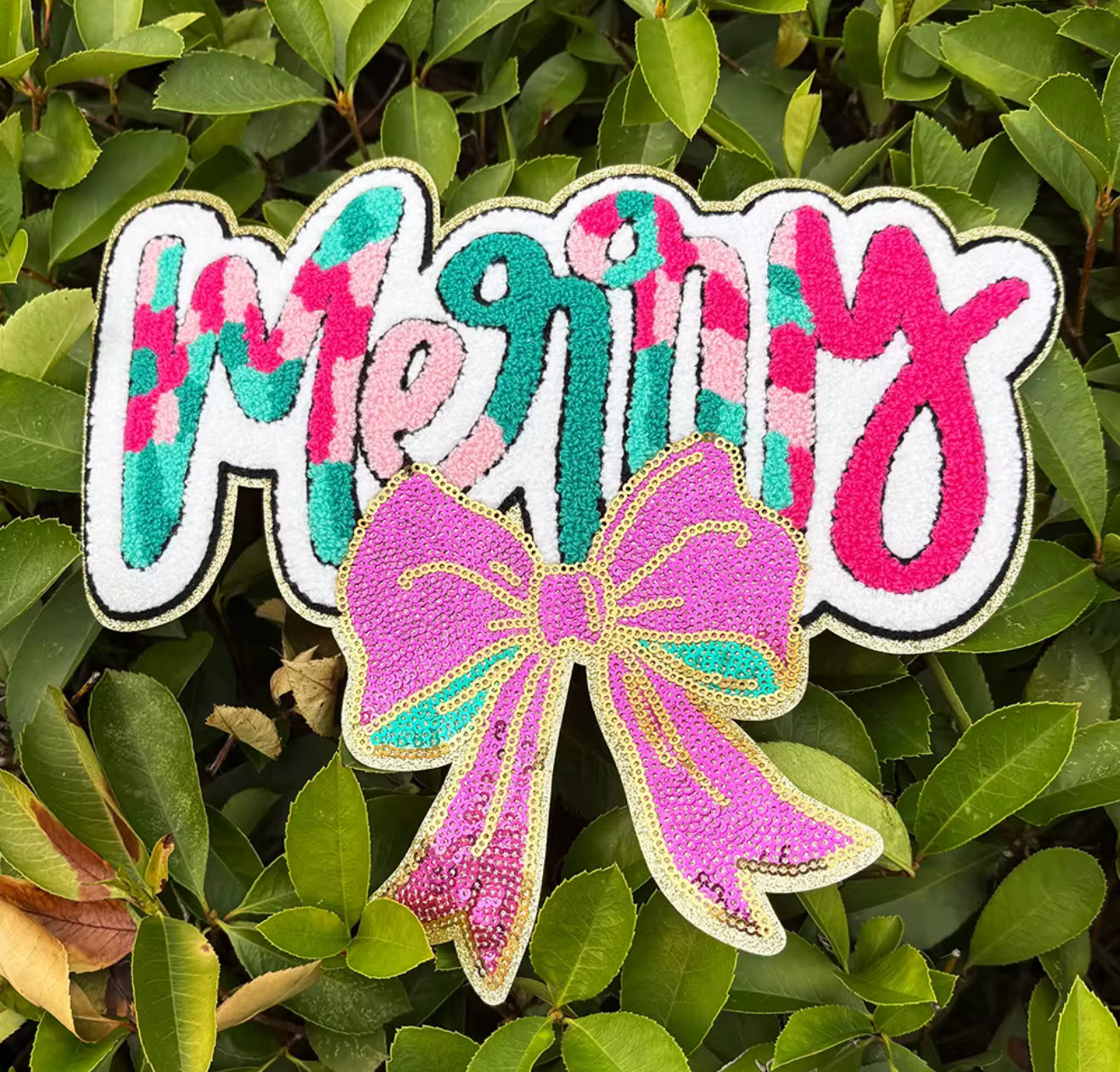 XL Merry Chenille Patch with Sequin Bow – Festive Christmas Iron-On / Sew-On Appliqué