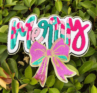 XL Merry Chenille Patch with Sequin Bow – Festive Christmas Iron-On / Sew-On Appliqué
