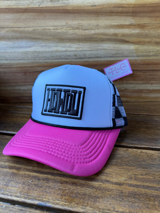Howdy Trucker Hat – Hot Pink with Checkered Mesh and Bold Western Patch