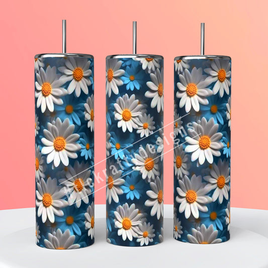 Sublimation 20oz. tumbler adorned with a soothing palette of blue and white daisies