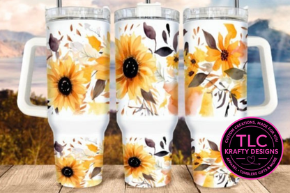 40oz Sunflower Tumblers with Handle & Straw – Floral Drinkware Collection