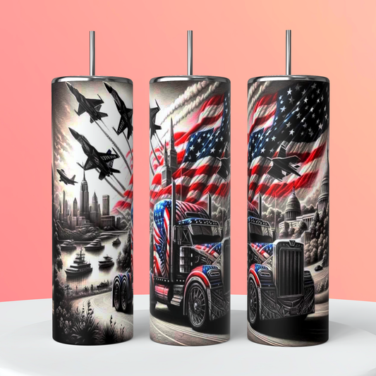 Captivating and patriotic 20oz sublimation tumbler, featuring a dynamic scene of an American flag-themed semi-truck cruising through a bustling cityscape