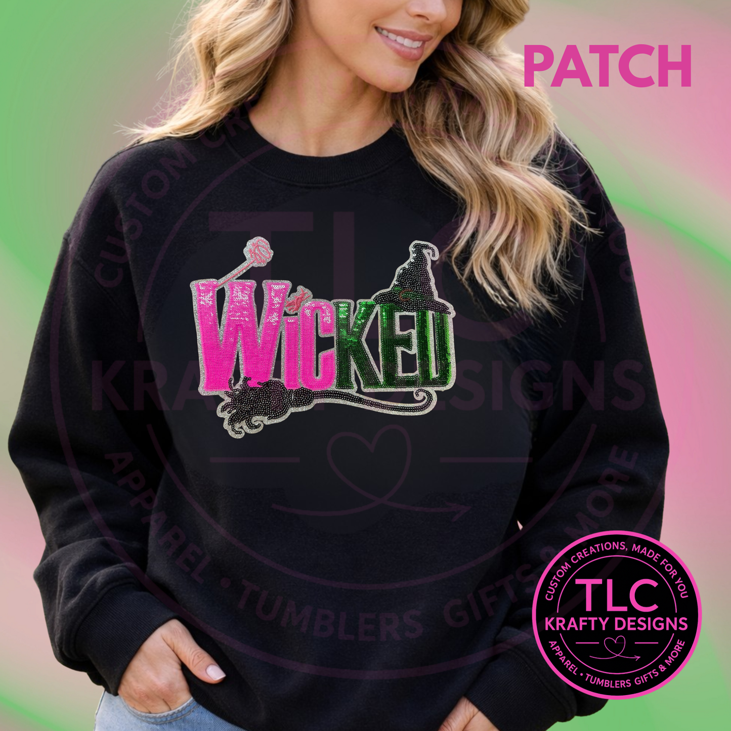 Pink & Green Fantasy Letter Patch Sweatshirt – Chenille Style Iron-On Patch Crewneck