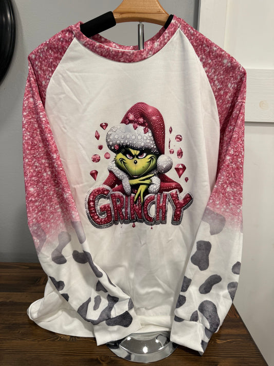 Grinchy Pink Raglan Top– Sparkle Grinch Christmas Long Sleeve