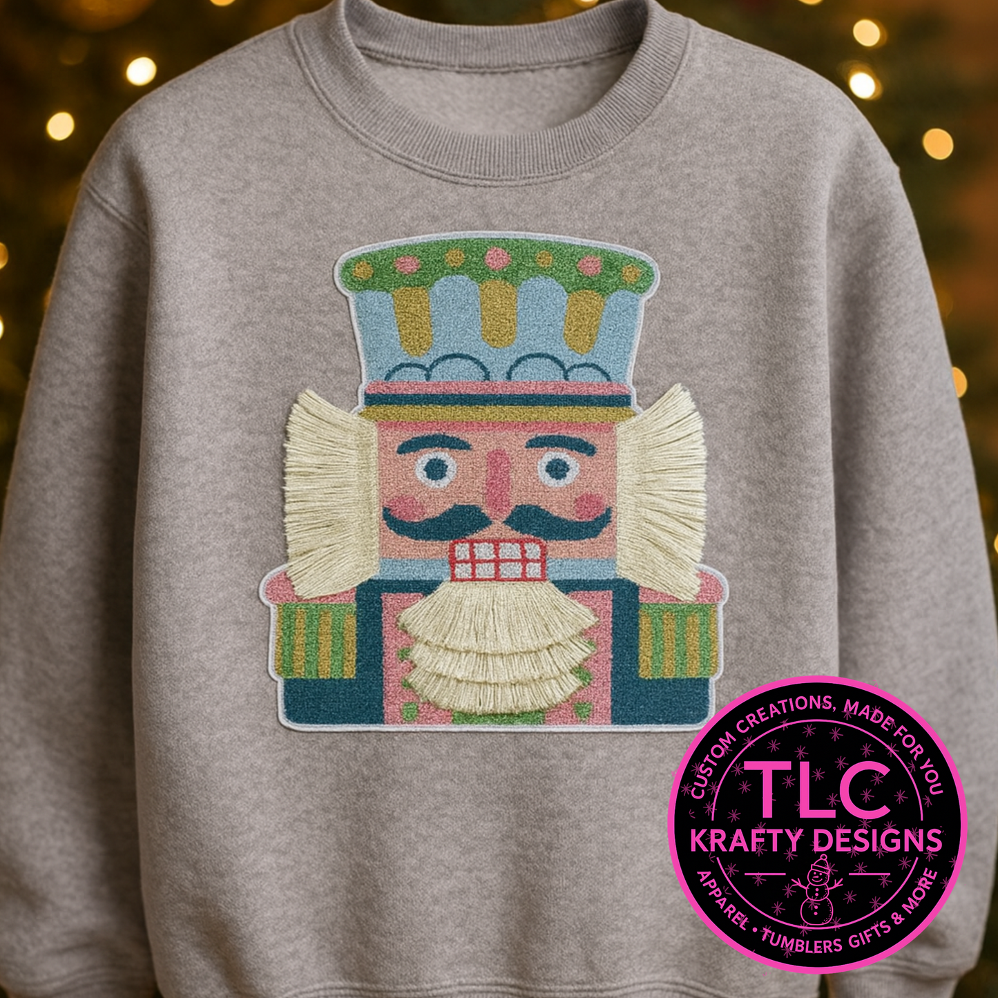 XL Nutcracker Chenille Patch – Pastel Christmas Appliqué with 3D Fringe Beard & Shoulders