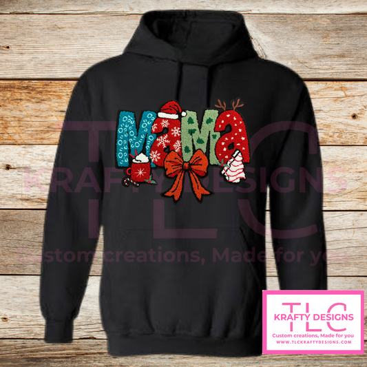 Christmas MAMA Hoodie – Black Hoodie with Chenille Holiday Letter Patch and Festive Details