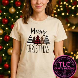 Merry Christmas Trees design on a cream t-shirt
