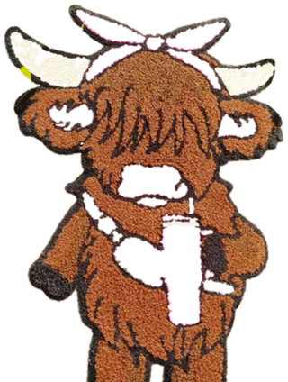 Highland Cow Chenille Patch with Bow close-up