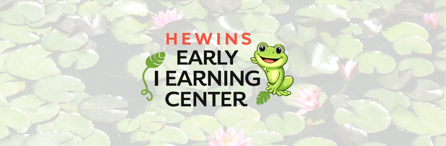 A banner-style graphic with a lily pond background and the text 'HEWINS EARLY LEARNING CENTER' in orange and black, alongside a green cartoon frog.