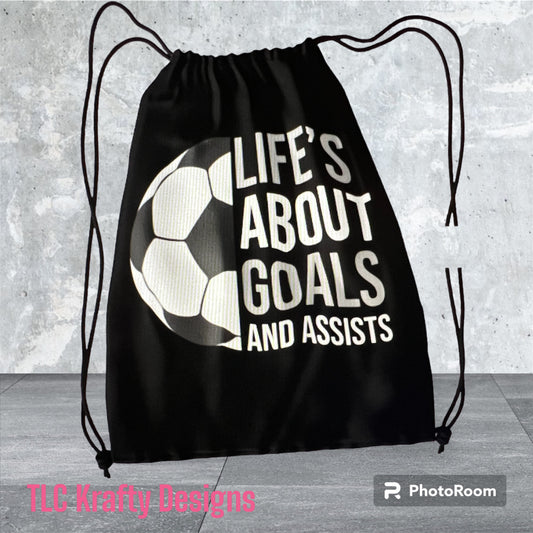 "Life's about goals and assist"Motivating Dynamic drawstring bag