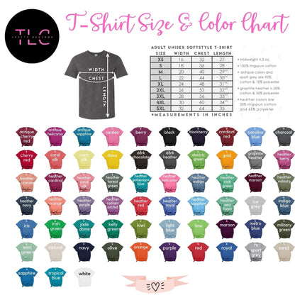 T-shirt size and color chart with TLC logo and t-shirts in various colors.