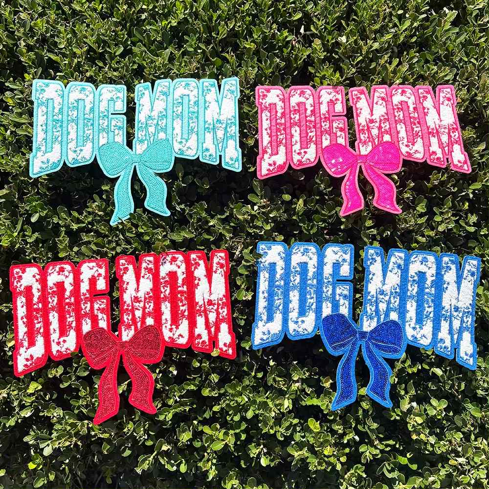 Blue Dog Mom Bow Chenille and Sequin Patch – Family Love Iron-On / Sew-On Appliqué CK