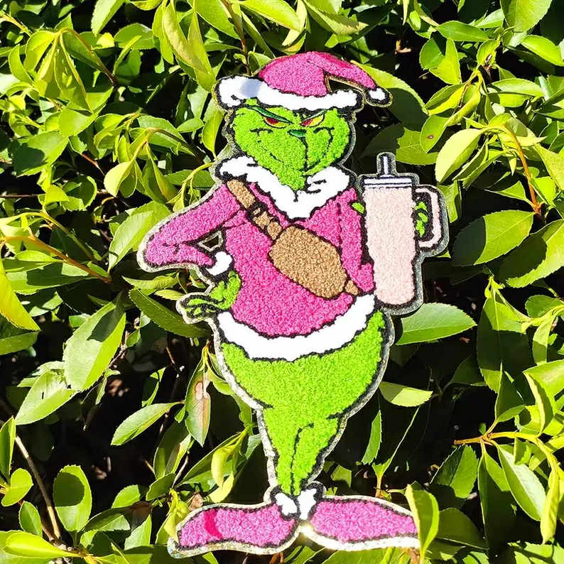 Funny Christmas Chenille Patch – Green Santa Holding Tumbler, Holiday Grinchmas Applique, Pink & Green Iron On or Sew On Patch