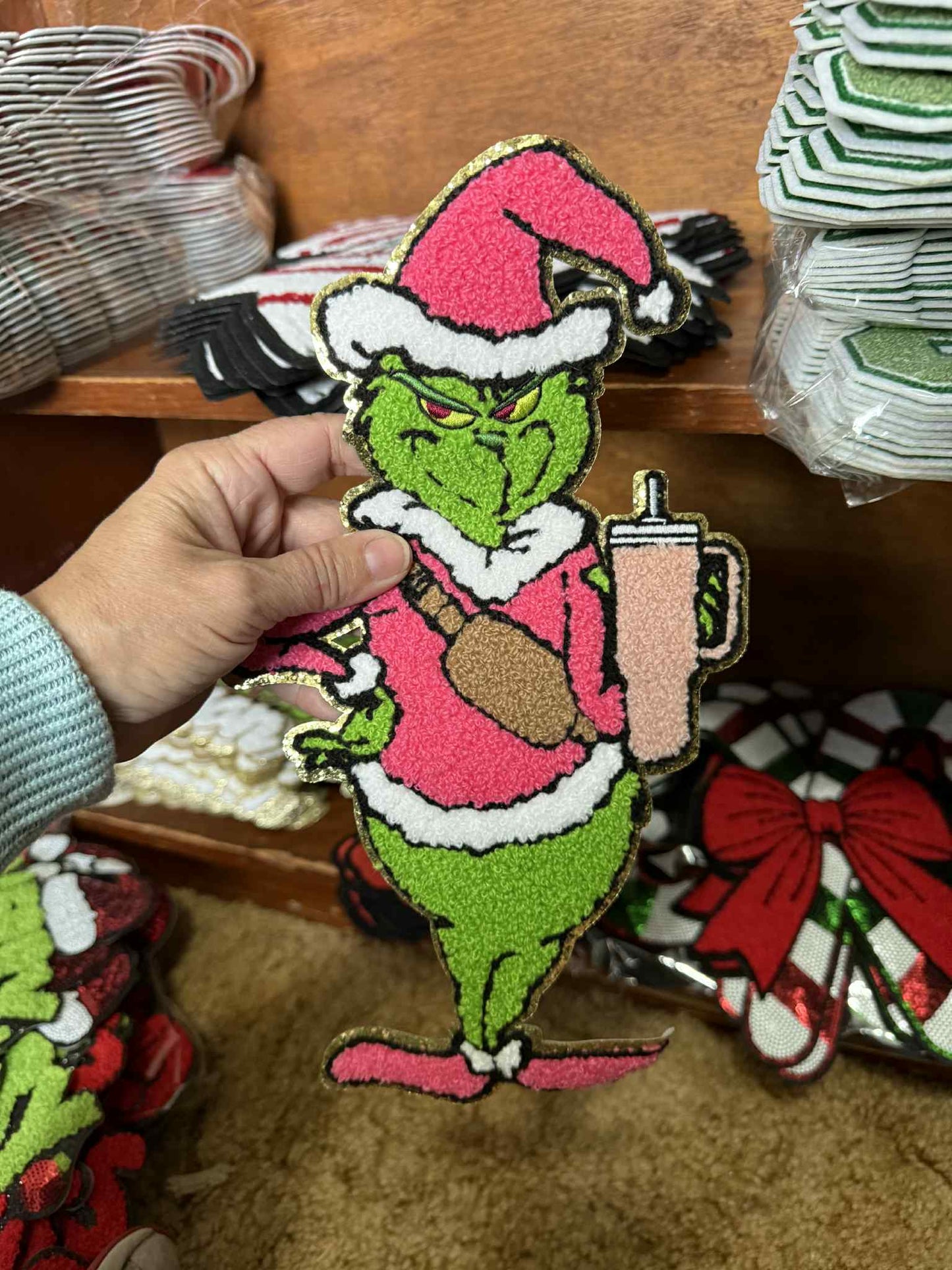 Funny Christmas Chenille Patch – Green Santa Holding Tumbler, Holiday Grinchmas Applique, Pink & Green Iron On or Sew On Patch