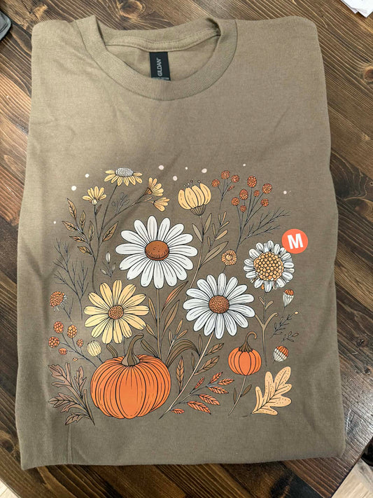 Fall Florals T-Shirt – Flowers and Pumpkins Autumn Graphic Short Sleeve Tee LAST CHANCE CK
