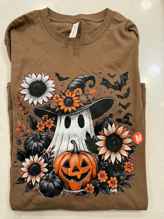 Sunflower and Ghost T-Shirt - Black and Orange Halloween Floral Tee LAST CHANCE CK