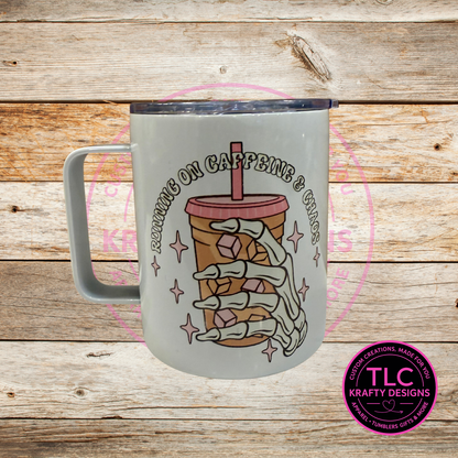Running on Caffeine & Chaos Skeleton Cup Design - 12oz Travel Mug with Lid