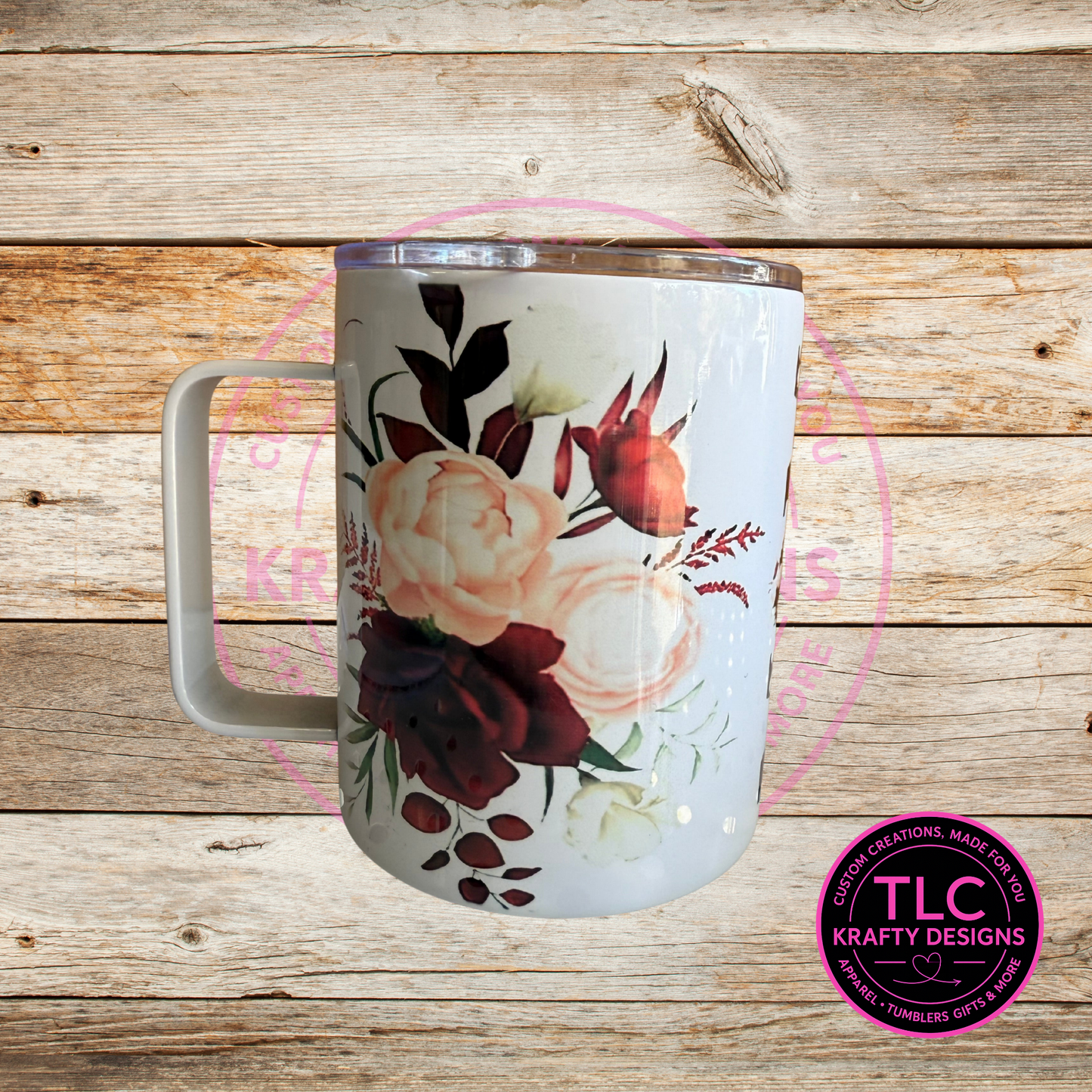 Burgundy & Blush Floral Travel Mug with Handle – Elegant Insulated Tumbler