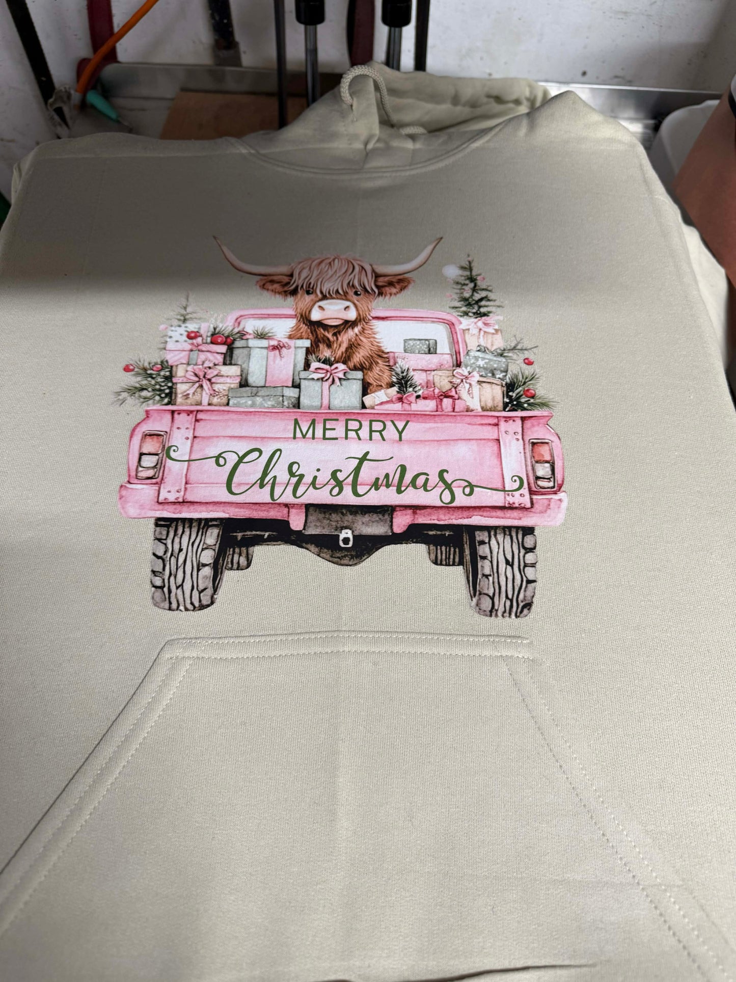 Highland Cow Pink Truck Sweatshirt - Farmhouse Christmas Crew Neck or Hoodie CK