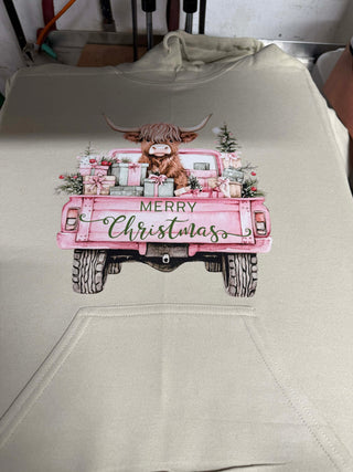 Highland Cow Pink Truck Youth - Farmhouse Christmas Graphic Apparel