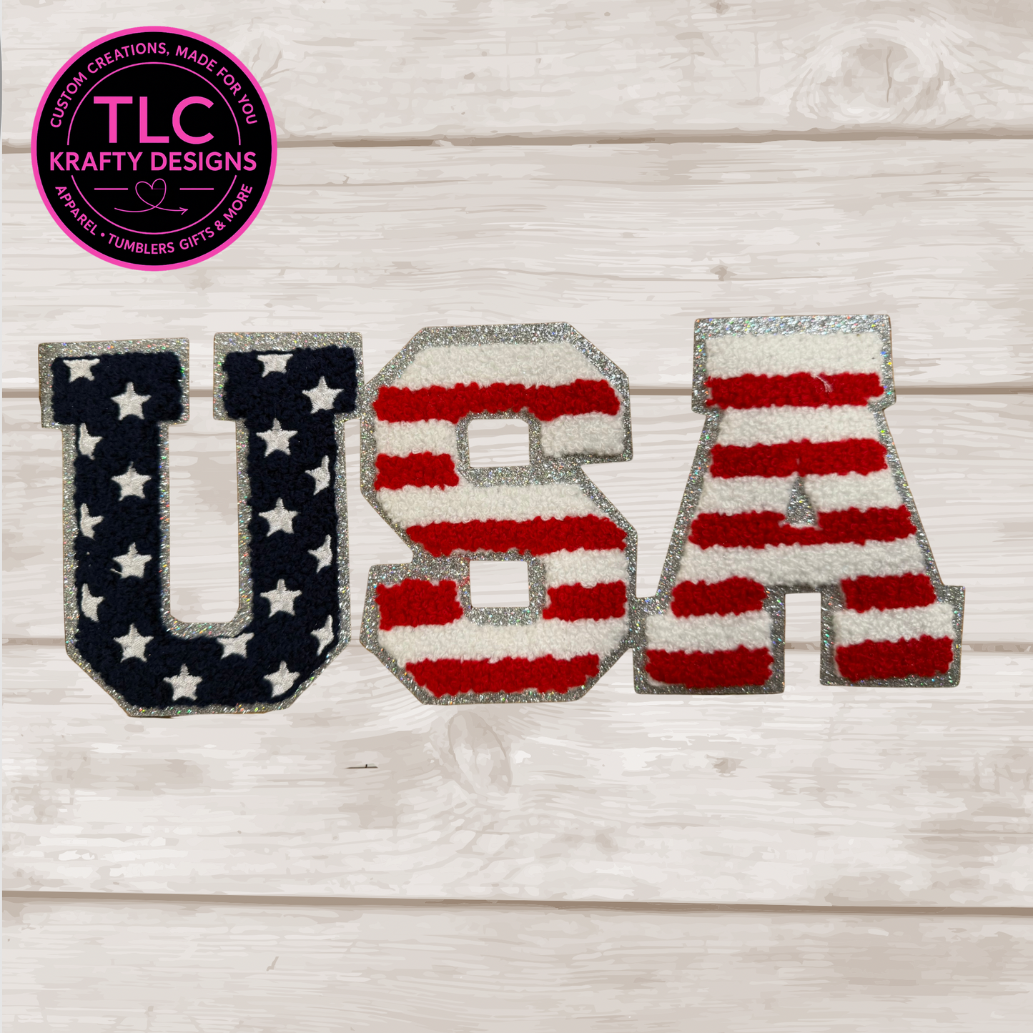 USA Chenille Patch – Red, White & Blue Stars and Stripes with Glitter Border – Iron On or Sew On Patriotic Patch