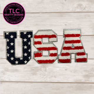 USA Chenille Patch – Red, White & Blue Stars and Stripes with Glitter Border – Iron On or Sew On Patriotic Patch