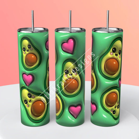 Charming 3D sublimation 20oz. Skinny tumbler adorned with friendly avocados and heart motifs