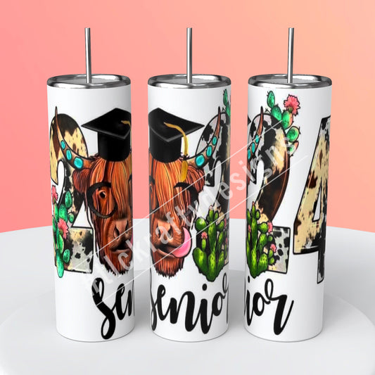 Class of 2024 Spirited sublimation tumbler alongside an endearing highland cow Sublimation 20oz Skinny Stainless Steel Tumbler