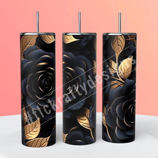 Striking sublimation 20oz. Skinny tumbler featuring a sophisticated combination of black and gold roses