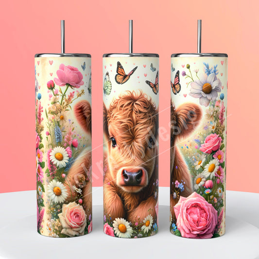 Captivating sublimation 20oz. tumbler featuring endearing highland cows surrounded by delicate roses and whimsical butterflies