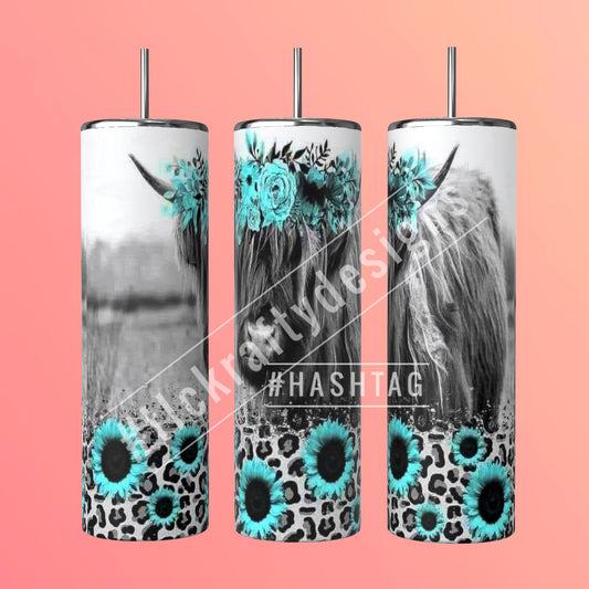 Striking sublimation 20oz. tumbler accentuated by the elegant presence of a highland cow amidst teal daisies