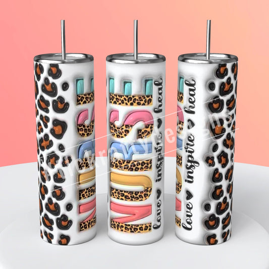 Nurse Distinctive sublimation 20oz. Skinny tumbler featuring a striking brown and black cow print background