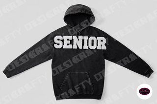 Senior chenille patch on Comfort Colors Hoodie in Black