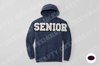 Senior chenille patch on Comfort Colors Hoodie in Navy