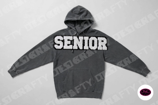 Senior chenille patch on Comfort Colors Hoodie in Pepper