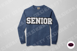 Senior chenille patch on Comfort Colors Long Sleeve in Navy