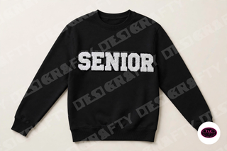 Senior chenille patch on Gildan Crewneck in Black
