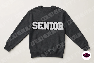 Senior chenille patch on Gildan Crewneck in Dark Heather