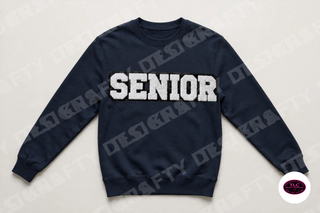 Senior chenille patch on Gildan Crewneck in Navy