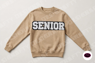 Senior chenille patch on Gildan Crewneck in Sand