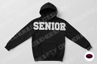 Senior chenille patch on Gildan Hoodie in Black